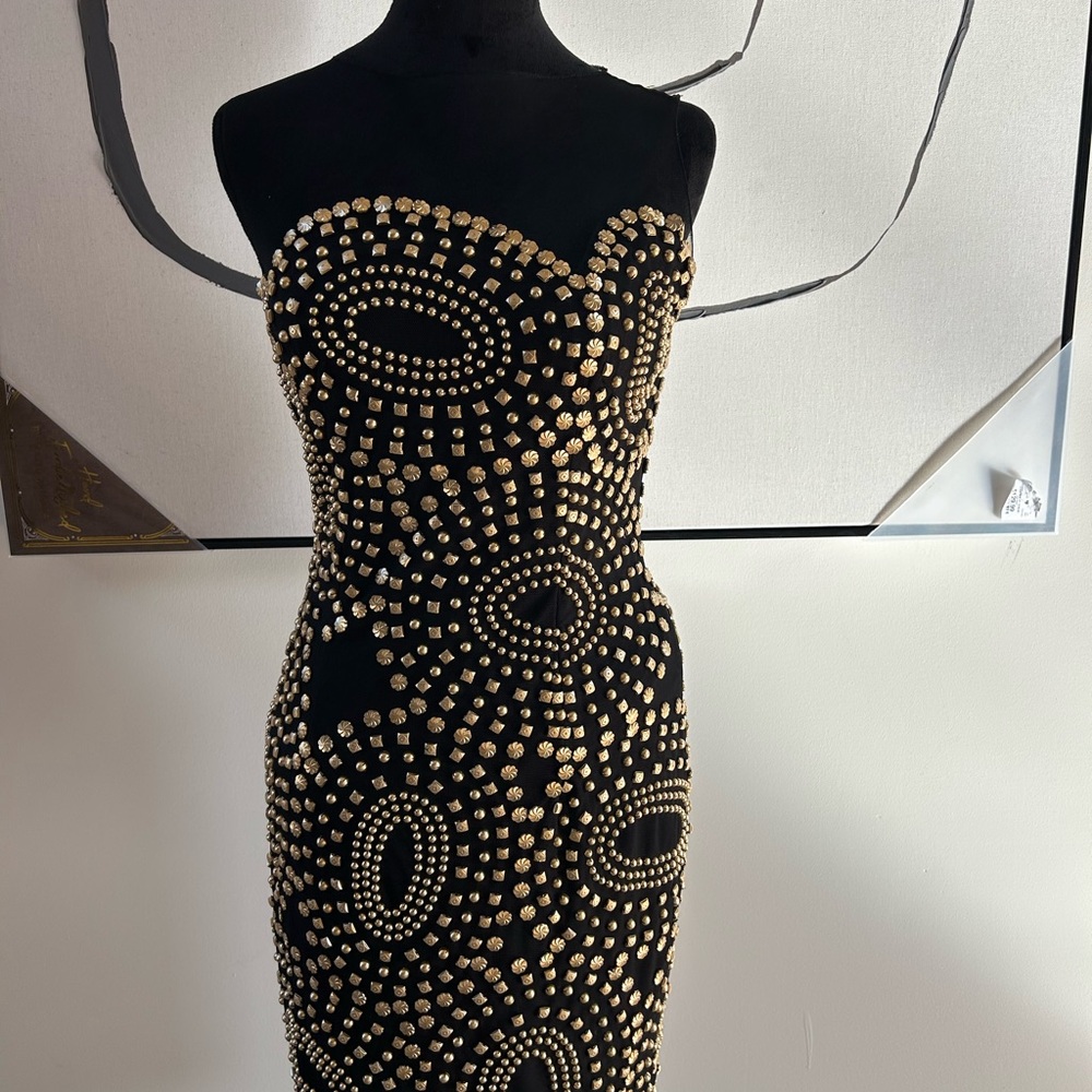 Jovani Black and Gold Embellished Prom Dress